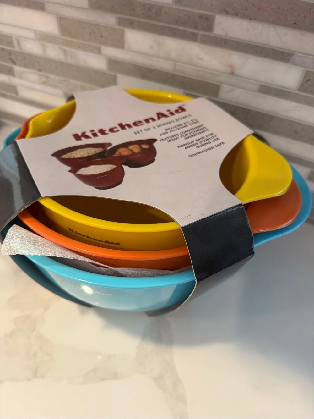 Kitchenaid set of 3 mixing bowls non slip new turquoise orange yellow color